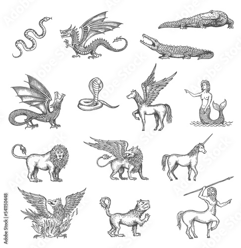 Fotografia Unicorn, phoenix, dragon and Pegasus, minotaur or lion mermaid animal vector sketch