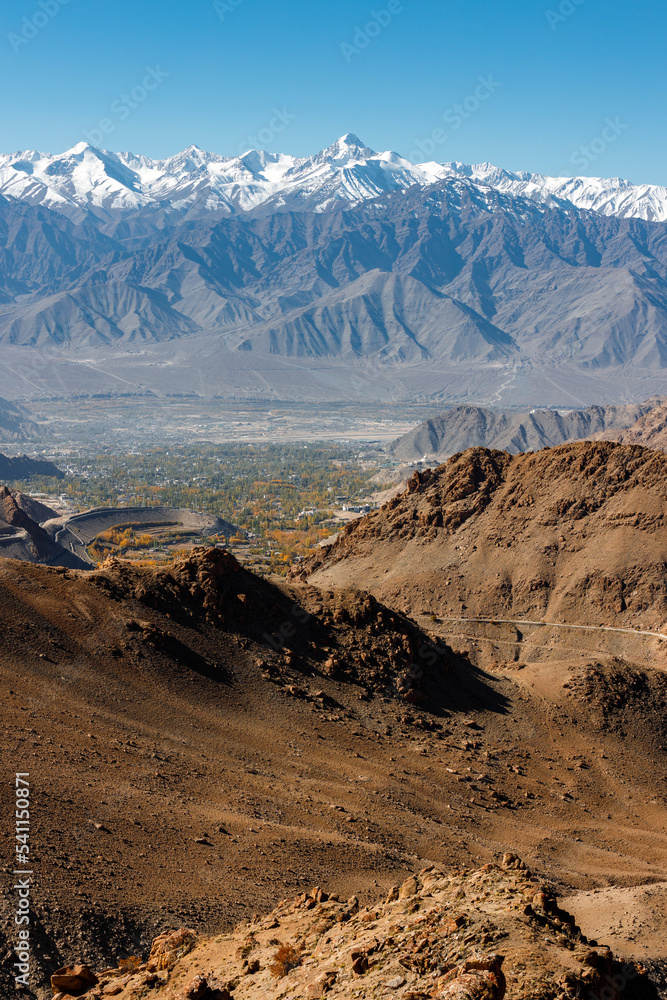 Valley and snow mountain landscape under the blue sky at Leh, India.