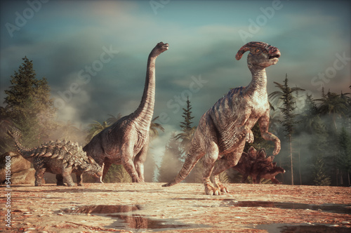 Dinosaurs- Parasaurolopus,  Ankylosaurus, Brachiosaurus, Stegosaurus in the nature. photo