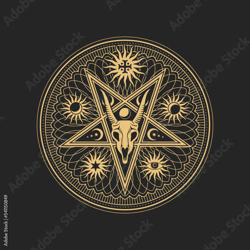 Occult esoteric pentagram sign with goat skull in star with moon phases and sun with radiant rays inside of circle. Vector spiritual magic emblem, isolated alchemy, wicca or pagan symbol