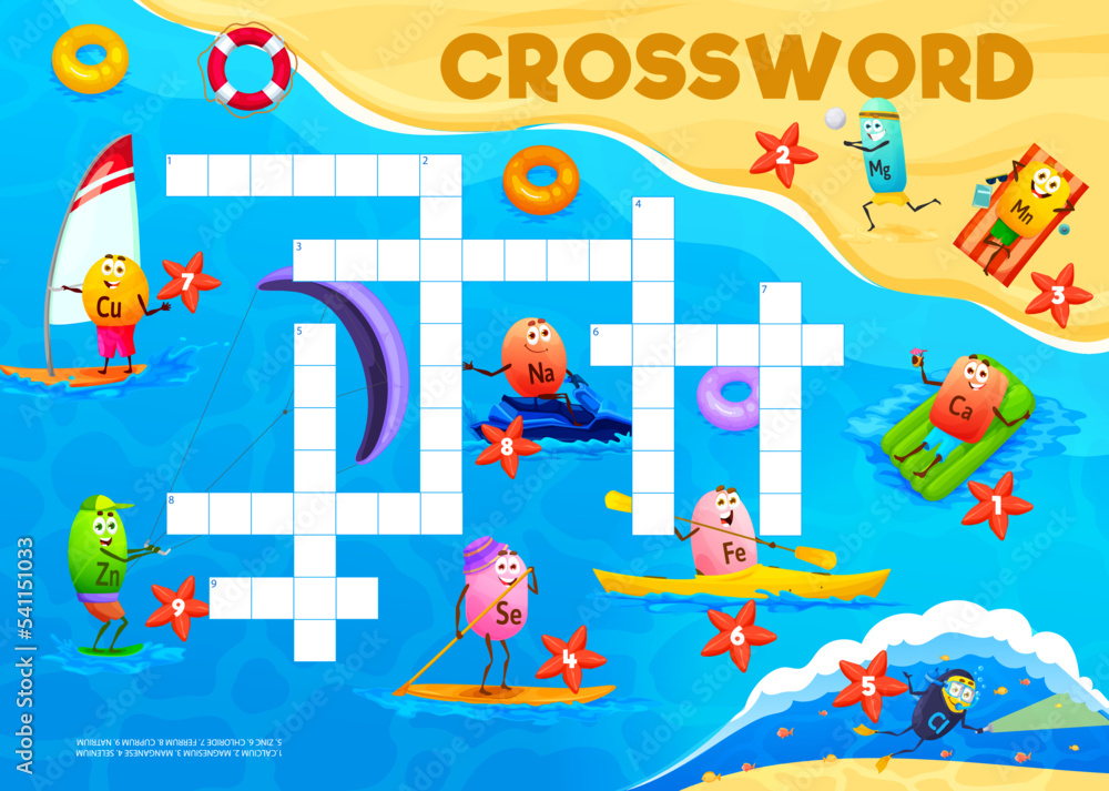 Crossword quiz game grid cartoon vitamin and mineral characters on Crossword quiz game grid cartoon vitamin and mineral characters on