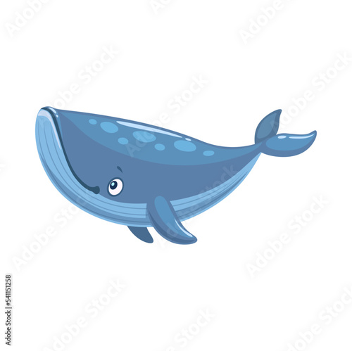 Cartoon grey whale character, kid funny sea animal, vector big fish. Cute swimming whale with happy smile, child cheerful kindergarten character or mascot and cartoon oceanarium personage