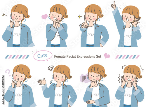 若い女性の色々な表情ベクターイラスト素材