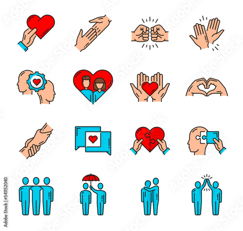 Help, support, friendship, love and community icons, vector heart line symbols. Friend hand, social care and charity icons of family relationship and partnership, people together in solidarity
