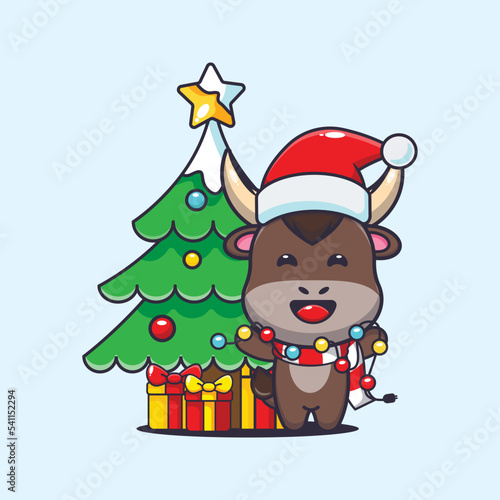Cute bull with christmast lamp. Cute christmas cartoon illustration. 