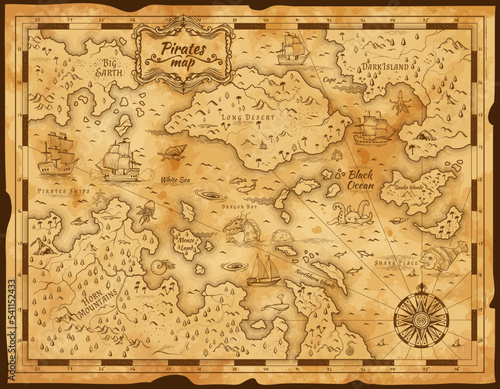 Old pirate treasure map. Vintage parchment paper with vector island, sea and sail ship, antique compass, ocean monster animal and fish sketch. Treasure hunt adventure, cartography and sea journey