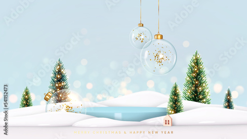 Christmas background with cylindrical podium for promotions. Round stage for presentation sale product. Stage pedestal or platform in snow between Xmas trees, glass balls hanging. Vector illustration