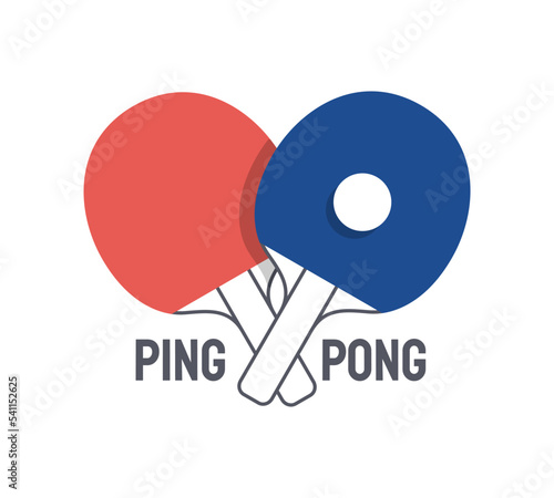 Ping pong ball and rackets with handles crossed. Blue and red logotype for sports club, championship, tournament flat thin line vector illustration