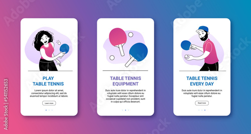 Play table tennis mobile app, landing page templates set. Table tennis equipment website. Ping pong class, tournament, competition, championship cartoon thin line vector illustration