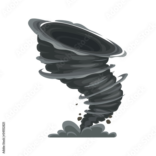 Cartoon tornado, storm or cyclone twisted vortex, isolated vector black spiral hurricane funnel. Stormy whirlwind twister, natural disaster catastrophe, air typhoon, violent windy storm