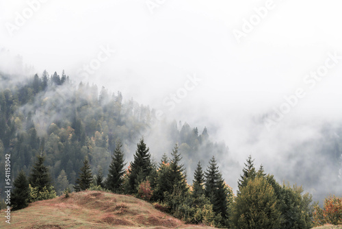 Zdjęcie przedstawia góry położone w Gruzji. Mgła/ lodowiec idealnie komponuje się z kolorami jesieni, które można znaleźć w niższych partiach gór. 