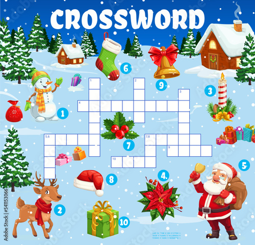 Christmas crossword quiz game, cartoon Santa and holiday village. Vector find a word grid worksheet with snowman, deer, candle and poinsettia flower. Santa, sock, holly, hat with bell and gift