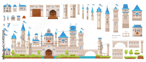 Knight stone castle and fortress constructor kit, vector gate tower and turret, bridge and fort walls. Castle or palace building constructor kit, medieval kingdom game or citadel architecture elements