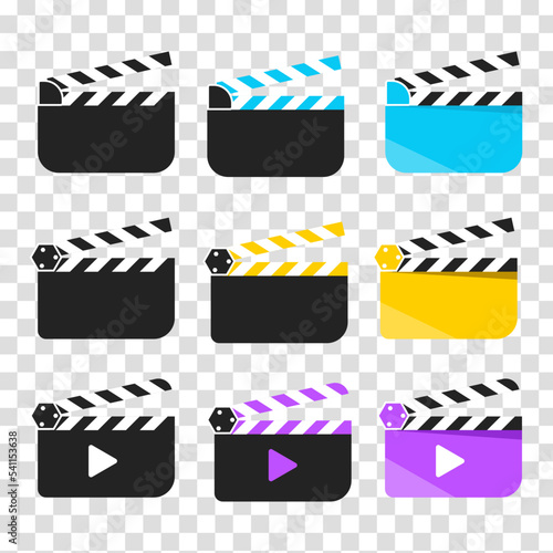 Clapper board set. Open movie clapper vector