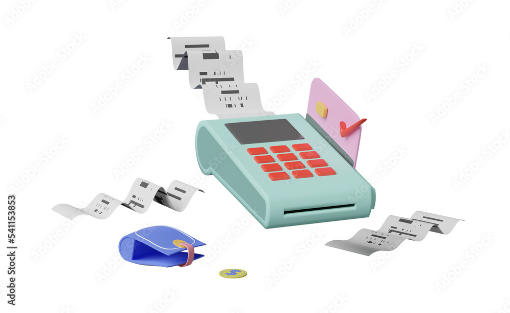payment machine or pos terminal, electronic bill payment and credit card with invoice or paper check receipt, wallet, coin isolated. 3d illustration or 3d render payment machine or pos terminal, electronic bill payment and credit card with invoice or paper check receipt, wallet, coin isolated. 3d illustration or 3d render