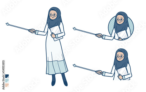 シニアのアラビア人女性が指示棒で解説しているイラスト