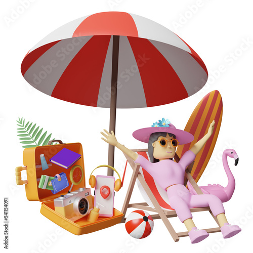 summer travel with woman sitting on beach chair and orange suitcase, surfboard, umbrella, Inflatable flamingo, palm, camera isolated. concept 3d illustration or 3d render © sirawut