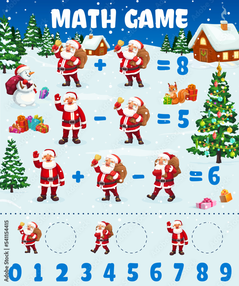 Cartoon Santa Clauses and Christmas village, math game worksheet. Vector educational riddle for kid with xmas Santa characters and snowman with gifts. Learn to count mathematics puzzle quiz