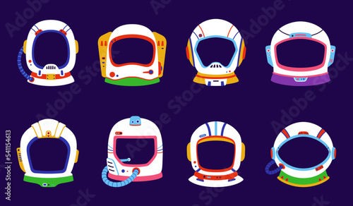 Kids astronaut space helmet for photo booth, vector spaceman cosmonaut masks. Cartoon space suit helmet for video chat face effect or sticker frame template for mobile app or avatar profile mask