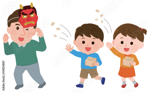 赤鬼に扮した父親　豆を投げる子どもたち　イラスト