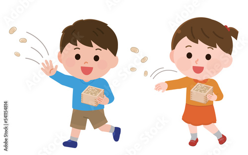 節分　豆を投げる子どもたち　イラスト
