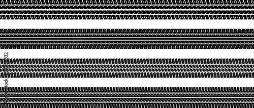 Black tire tread print set isolated on white background. Footprint of bike or car wheels with seamless texture. Top view of rubber protector marks on asphalt. Vector brush.