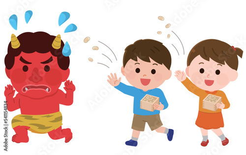 節分　赤鬼に豆を投げる子どもたち　イラスト