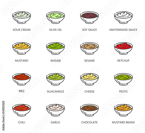 Sauce icons, ketchup BBQ, mayonnaise and mustard in bowls, vector fast food dressing. Sauce bowl line icons of mayo, tomato and soy sauce for barbecue, sour cream, spicy chili and cheese flavor dip
