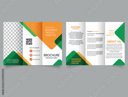 Yellow green trifold brochure with triangles. Catalog Vector Template.