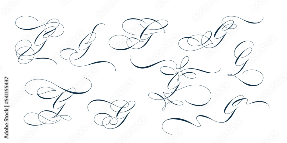 Set of beautiful calligraphic flourishes on capital letter G isolated on white background for decorating text and calligraphy on postcards or greetings cards. Vector illustration.