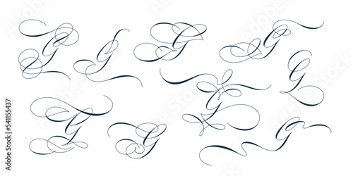 Set of beautiful calligraphic flourishes on capital letter G isolated on white background for decorating text and calligraphy on postcards or greetings cards. Vector illustration.