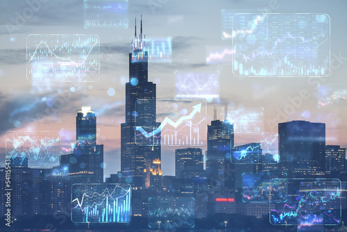 Trading and online investing concept with financial chart diagrams, arrows, candlesticks and graphs on transparent digital screens with night city skyscrapers background