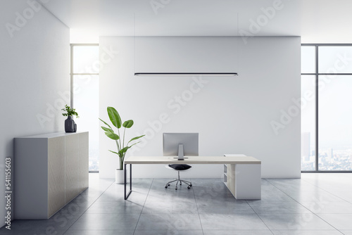 Front view on modern computer on style light table in minimalistic office interior design with concrete floor and city view from big window. 3D rendering