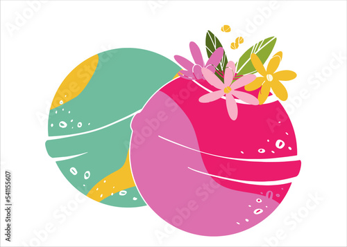 Fragrant effervescent bath bombs. Cosmetic bubbling bath ball. Bath bomb with flowers. Home care. Vector illustration.
