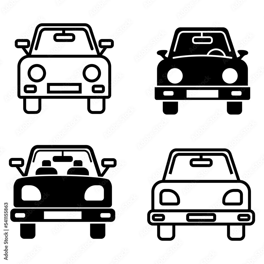 Car silhouette and Line icon set on white background. Vehicle vector icon set, view from side, and front. Car silhouette and Line icon set on white background. Vehicle vector icon set, view from side, and front.