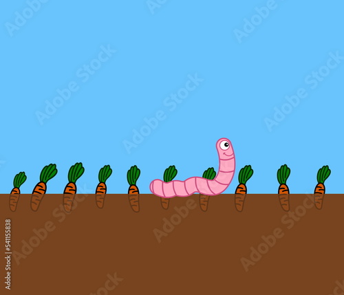 A smiling pink worm crawling on the ground in a vegetable field - illustration