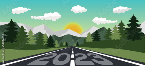 Road in green forest. Concept of 2023 goals