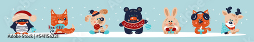 Set of cute animals on light blue background. Christmas celebration