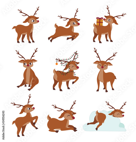 Set of cute Christmas reindeer on white background