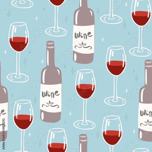 Wine glass and bottle seamless pattern. Alcohol background wallpaper. Perfect for creating fabrics, textiles, wrapping paper, and packaging.