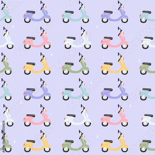 Vespa scooter seamless pattern. Cute background wallpaper. Perfect for creating fabrics, textiles, wrapping paper, and packaging.