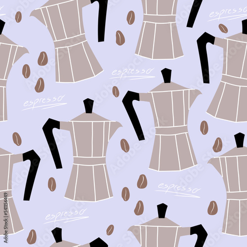 Moka pot seamless pattern. Morning coffee backgorund.