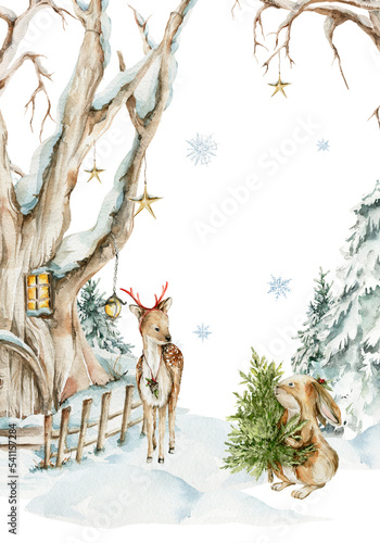 Watercolor nursery frame. Christmas woodland border of cute baby animals in wild  forest winter landscape  fur tree  rabbit  bunny  deer. illustration for baby shower card design  kids print  wall art