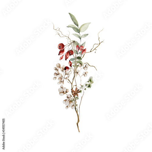 Watercolor floral bouquet. Hand painted arrangement of dried forest leaves, fllowers, branches, red berries, fern. Botanical composition for card design, print.