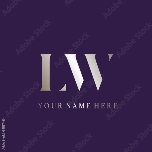 LW monogram logo.Letter l, letter w typographic signature icon.Serif uppercase characters.Lettering sign isolated on dark fund.Luxury fashion, beauty alphabet initials.Elegant gold color.