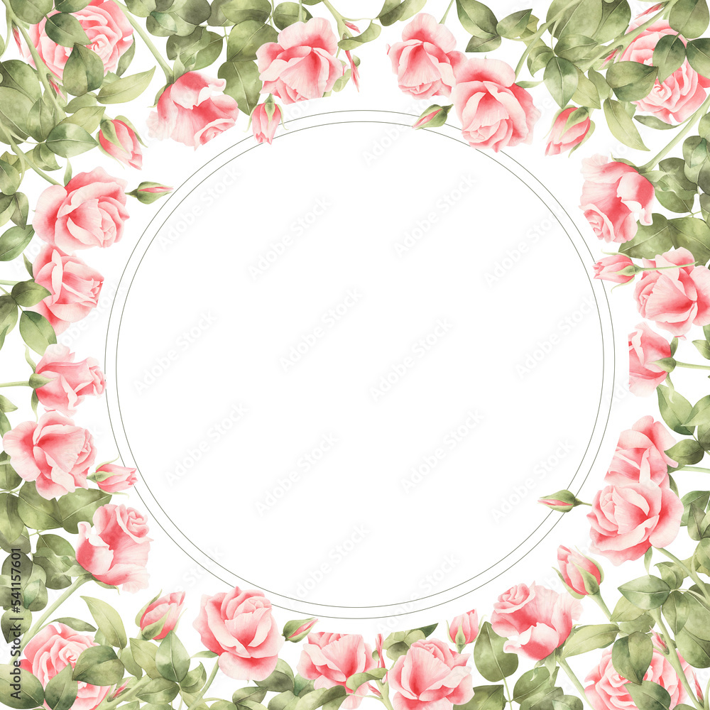 Watercolor roses frame isolated. Floral frame with watercolor elements.