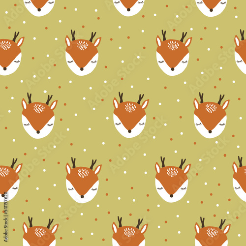 Seamless pattern. cute deer faces and dots on a gold background. vector texture. fashionable print for textiles, wallpaper and packaging.