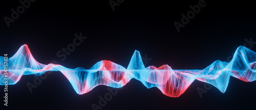 Abstract red and blue wireframe sound waves, visualization of frequency signals audio wavelengths, conceptual futuristic technology waveform background with copy space for text photo