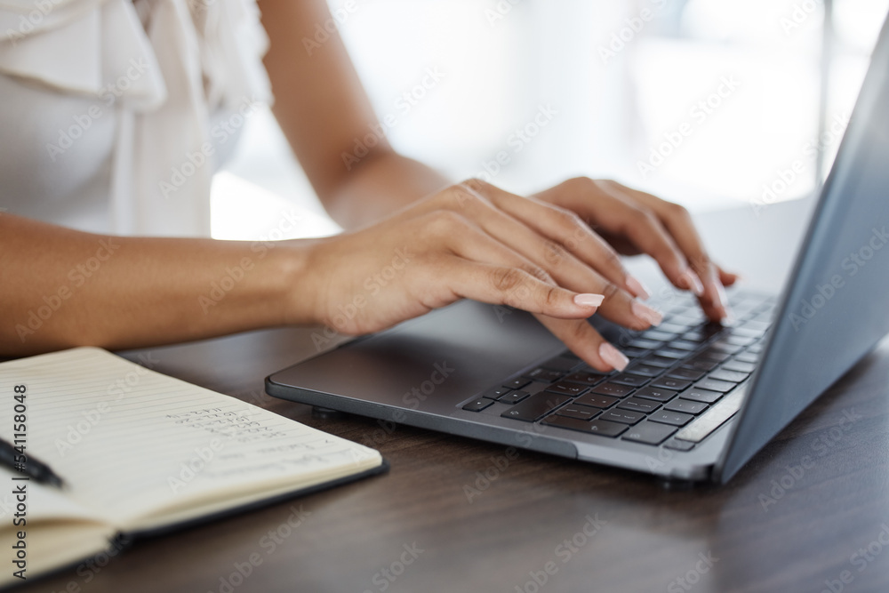 Research, laptop and hands of business woman typing for networking, internet and website planning. Digital, technology and communication with employee working on vision, notebook and goals in office Research, laptop and hands of business woman typing for networking, internet and website planning. Digital, technology and communication with employee working on vision, notebook and goals in office
