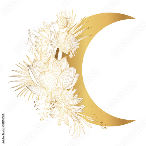 Mystical symbols. Boho mystical hand drawn elements, magic moon with golden line flowers illustration icons.